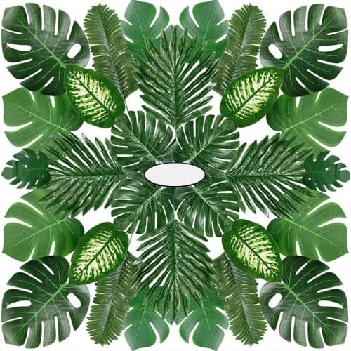 New 68 Pieces 8 Kinds Tropical Party Decorations Jungle Monstera Leaves , Artificial Palm Leaves with Faux Stem