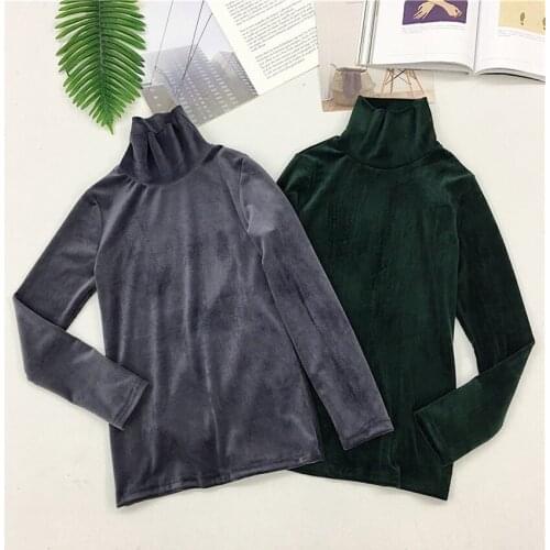 Autumn Slim Women Gold Velvet Blouses Female Plus Size Long Sleeve Turtleneck Shirts Lady Tops Pullovers Winter Bottomings 893