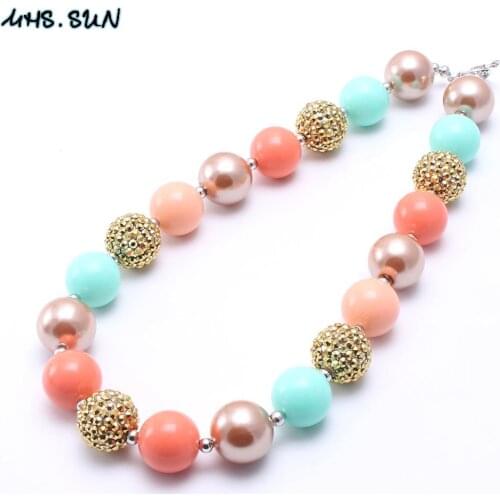 MHS.SUN 2PCS Mint+Peach Color Design Child Girls Beads Necklace Fashion Chunky Bubblegum Necklace Kids Toddler Gift New Design