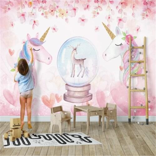 Custom Mural Wallpaper Watercolor Unicorn Childrens Room Background Wall Painting