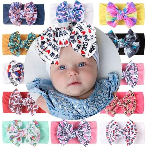 New Baby Headband Childrens Nylon Printed Double-layer Big Cute Bow Head Wrap Elastic Turban Headware Hair Accessories