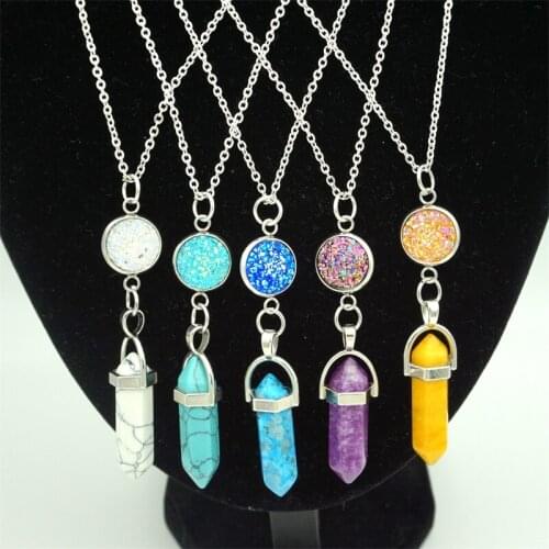 Various Colros Resin Drusy Necklace Druzy Crystal Hexagonal Prism Natural Stone Pendant Stainless Steel Chain Jewelry