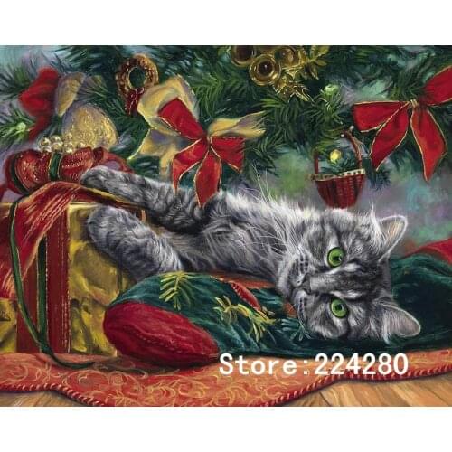 Christmas Cute Cat Animal Art Needlework 14CT Canvas Unprinted Handmade Embroidery Aida Cross Stitch Kits DIY Home Decor