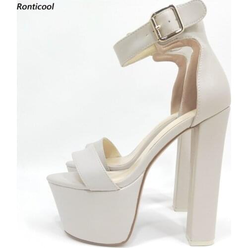 Ronticool Handmade Women Platform Sandals Ankle Wrap Square High Heels Open toe Beige Party Wedding Shoes Women US Size 5-13
