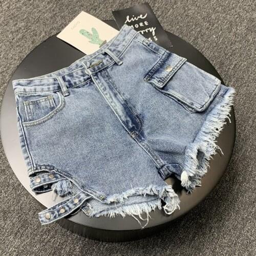 Denim shorts womens Internet celebrities retro rivet beading shorts burr hole high waist wide leg shorts with pockets F1343