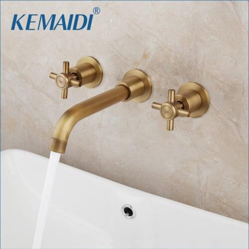 KEMAIDI Basin Faucets Luxury Antique Brass Retro Vintage Wall Mounted Bathroom Faucet 3 Pcs 2 Handle Lavatory Sink Mixer Taps