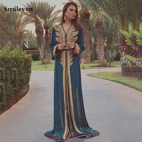 Smileven Longo Moroccan Kaftan Lace Formal Evening Dress Long Sleeve V neck Muslim Party Dress Dubai Special Occasion Dresses