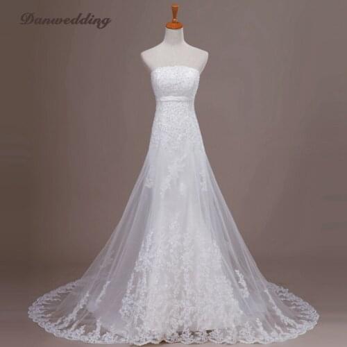 Modern Lace Applique A-Line Wedding Dress Strapless-Neck Tulle Bridal Dress Hand Made Beaded Wedding Gowns Plus Size Real Photo