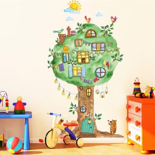 Cartoon Tree House Animals Vinyl Wall Stickers For Kids Room Kindergarten Baby Room Wall Decoration Home Decor Art Decals Mural
