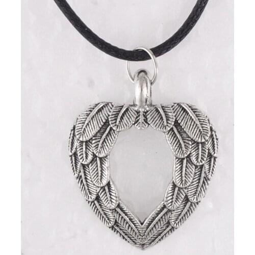 Vintage antique silver color hollow feather heart pendant necklace for women wax cord rope necklace jewelry fashion jewellery