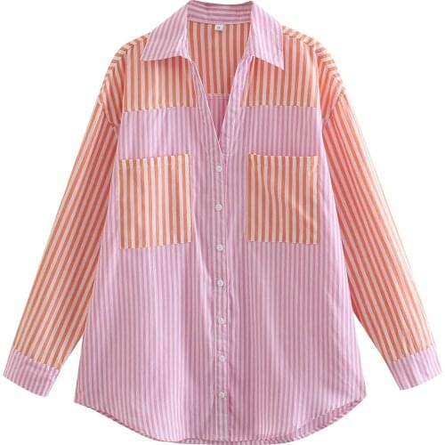 2021 summer womens fashion versatile double pocket color striped loose long sleeve blouse