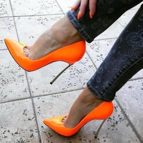 Moraima Snc Sexy Pointed Toe High Heel Shoes Orange Patent Leather Slip on Stiletto Heels Woman Thin Heels Party Shoes