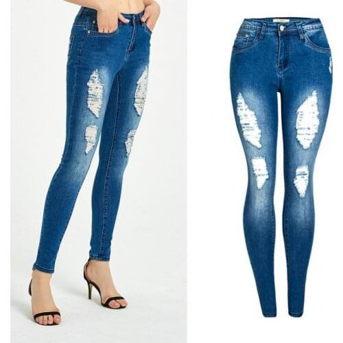 2021 Women embroide Stretch Ripped Distressed Skinny High Waist Denim Pants Shredded Jeans Trousers Slim Spring Autumn Wear