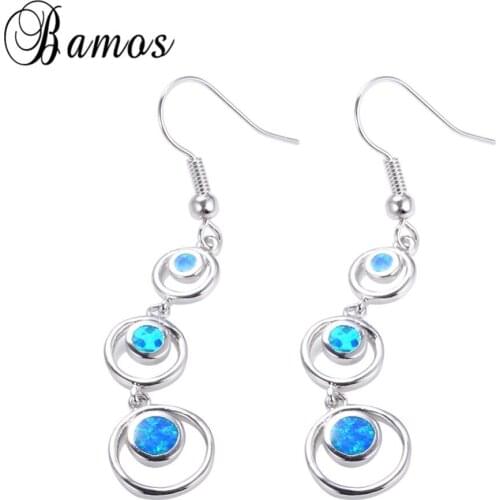 Bamos Lovely 3 Layers Blue Fire Opal Drop Earrings For Women Bohemian White Gold Filled Wedding Party Earring Brincos Ear0641