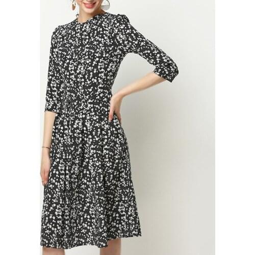 Three Quarter Sleeve Print Chiffon Dress for Women O Neck knee length Dresses Womens A Line Party Dress 2020 New