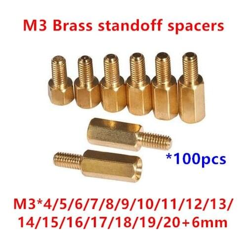 100pcs 3mm Thread M3 Hex Brass Standoff Spacer Male to Female Brass spacing screws pillar M3*4/5/6/8/10/12/15/16/18/20/25/30+6mm