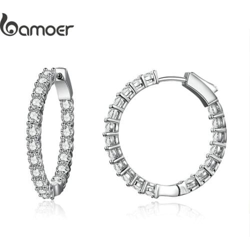 BAMOER Classic New Silver Color Round Circle Luminous Cubic Zirconia Stud Earrings for Women Hyperbole Earrings Jewelry YIE138