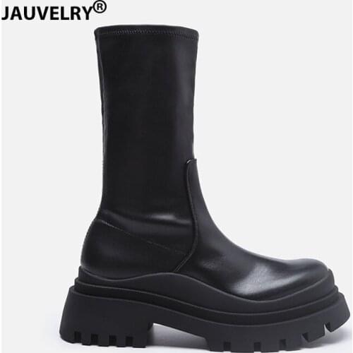 2021 Autumn Ankle Boots Women Round Toe Chunky Heel Slim Platform Boots British Style Increase Height Black Women Boots