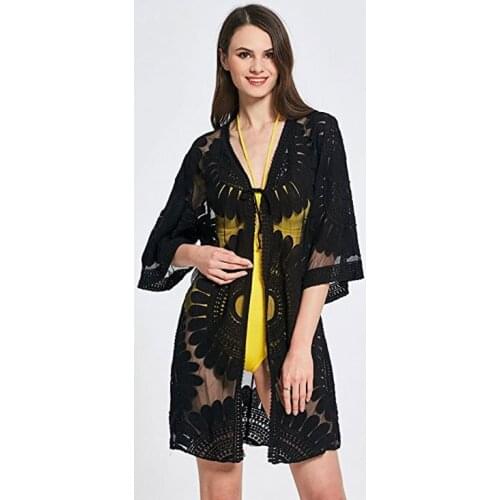 BYUAN 2018 Summer Women Lace Dress Hollow Out Beach Outerwear Sexy Long Open Stitch Dress New Fashion Woman Smock Clothes