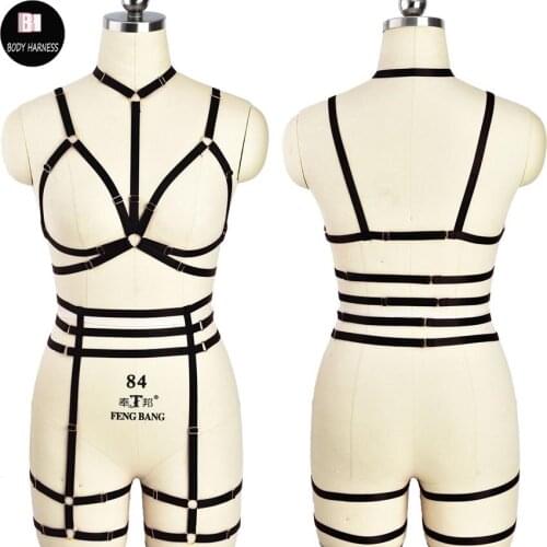 Black Body Harness Set Crop Top Women Cage Bra Bondage Suspender Garter Belt Elastic Pole Dance Goth Fetish Rave Sexy Lingerie