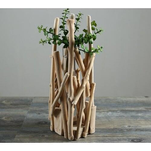Handmade Wooden Vase with Glass Tube Creative Hydroponic Plants Pot Natural Driftood Planter Home/Shop Decor Homewarming Gift