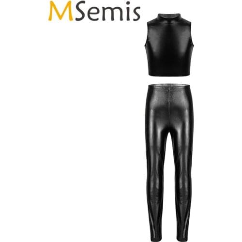 Kids Girls Skinny Metallic Jazz Dance Costume Rave Outfits Turtleneck Crop Tank Tops with Leggings Pants Jazz Ballet Dance Wear