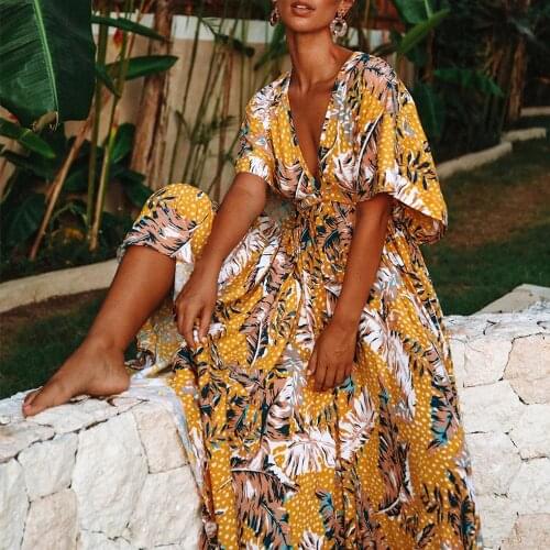 Long Dress Women Casual Floral Bikini Cover Up Dress Chiffon Party Dresses V Neck Dress Short Sleeve Dress Sexy Beach Cover Up