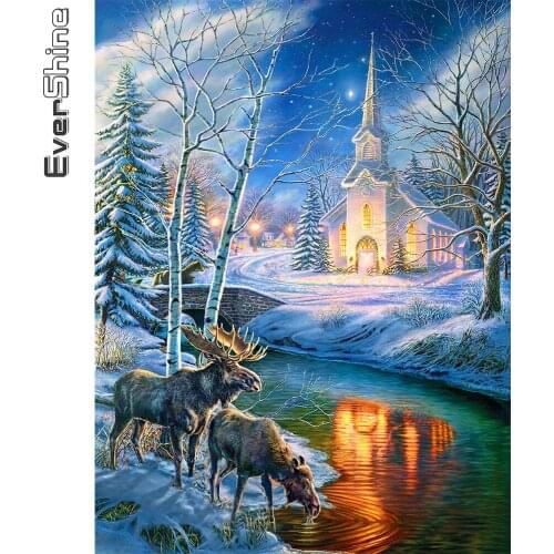 Evershine 5D DIY Diamond Embroidery Deer Rhinestone Art Cross Stitch Diamond Painting House Landscape Mosaic Winter Home Decor