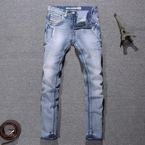 European Vintage Fashion Men Jeans Retro Light Blue Elastic Slim Fit Ripped Jeans Men Korean Designer Casual Denim Pencil Pants