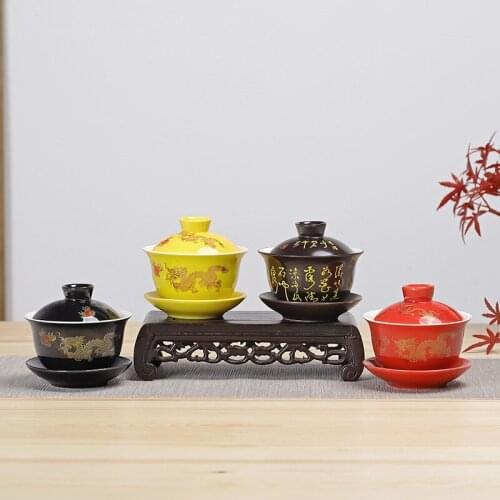 Chinese ceramic kungfu tea set cover bowl black glaze golden dragon tea making cup tureen teaware 2pcs
