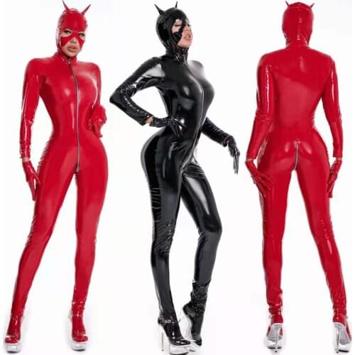 Bright Leather Jumpsuit For Women Long Sleeve Black/Red Bodysuit Nightclub Festival Clothing Gogo Pole Dance Clothes DWY6187