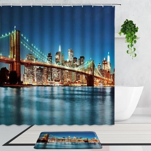 Beautiful City Night View Shower Curtain Set Lighting Sea Landscape Building Bathroom Bath Curtains Non-Slip Carpet Mats Screen