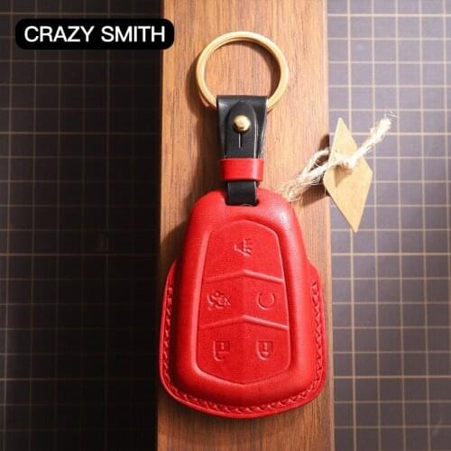 Crazy Smith Handmade Smart Car Key Cover for Cadillac ATS/CT6/XT54 Vegetable Tanned Leather High Grade Crafts and Gift Red Brown