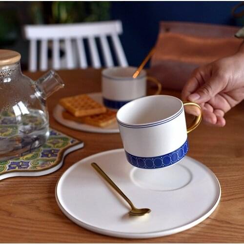 Tea Cup Set Coffee Cup And Plate Spoon Set Ceramic Gold Temperament Blue Saucer Breakfast Afternoon Tea Cup Latte Spoon 3pcs/set