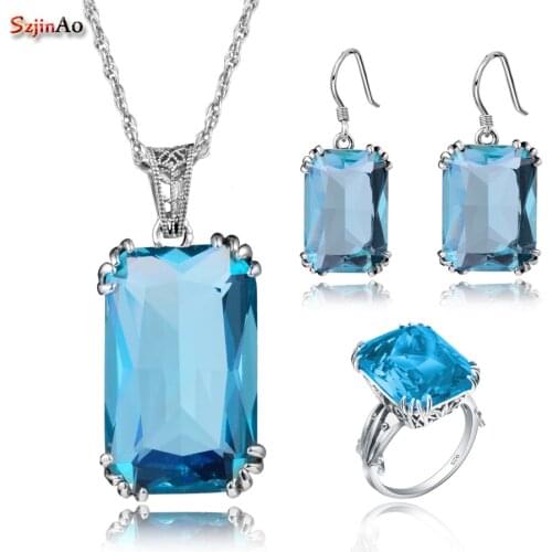 Szjinao Wedding Jewelry Sets Aquamarine Earring/Pendant/Ring For Brides Accessories Real 925 Sterling Silver Gift Women