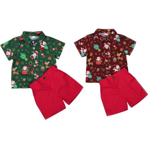 2020 Xmas 1-6Y Toddler Baby Boy Formal Clothing Set Cartoon Santas Print Short Sleeve Shirt Top+Shorts Party Gentleman 2pcs Set