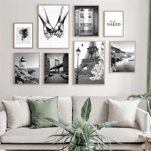 Hand In Hand Eiffel Tower Flower Wall Art Poster Beach Lighthouse Architecture Landscape Print Quotes Canvas Painting Home Decor