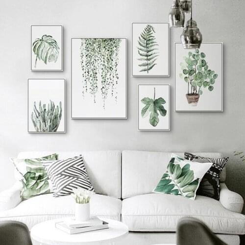Scandinavia Green Plants Painting Pictures Self-adhesive Wall Stickers Wall Art Prints Poster for Living Room Home Decoration