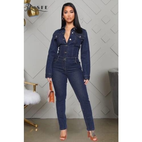 RMSFE 2021 European And American Fashion Womens Long Sleeve Lapel Single Breasted Slim Fit Jeans Jumpsuit