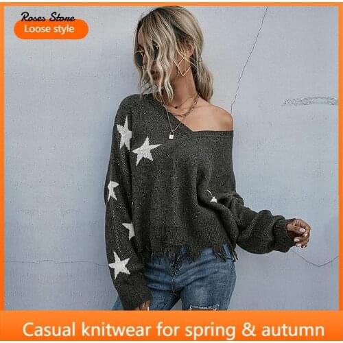 Womens Long Sleeve V Neck Baggy Sweater Spring Autumn Casual Loose Disdressed Knitwear Fashion Female Grey Y2K Knit Pullovers