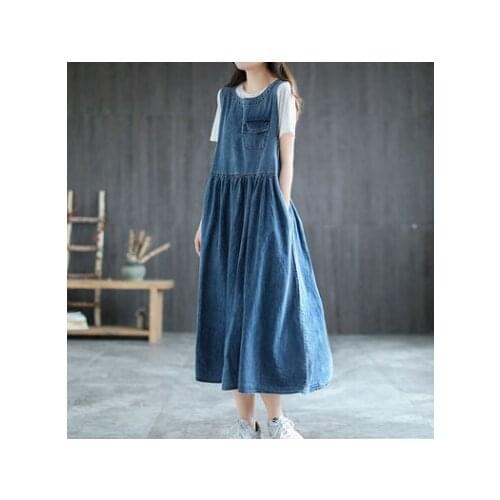 2021 Summer Tank Sleeveless Dress Women Retro Jeans Vestidos Mujer Loose Ladies New O-Neck Casual Pocket Denim Dresses Pleated