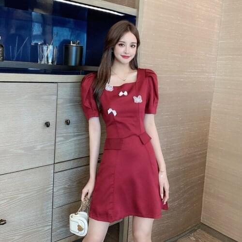 2020 Summer Girl Sweet Appliques Bowknot Dress Women Square Collar Puff Sleeve Dress Female Red Black Short A-line Dresses