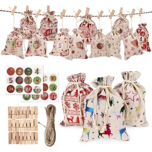 24PCS Christmas Advent Calendar Countdown Bag Hanging Candy Gift Sacks Pouch with Clips Stickers Rope Home Christmas Decoration