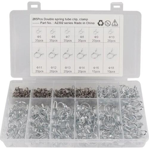 285Pcs Φ5-Φ18 Fastener Hose Clamp Kits, Double Wire Spring Pipe Clamp for Water Pipe, Plumbing and Mechanical Using