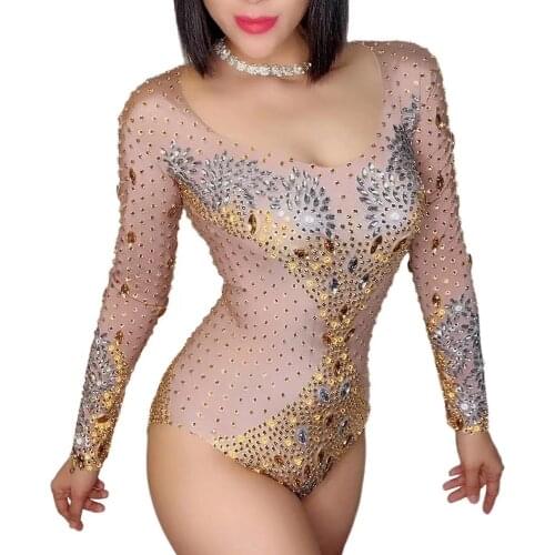 Shining Diamond Bodysuit Tight Stretch Longsleeve Backless Women Jumpsuit Nightclub Costume Personality Performance Stage Wear