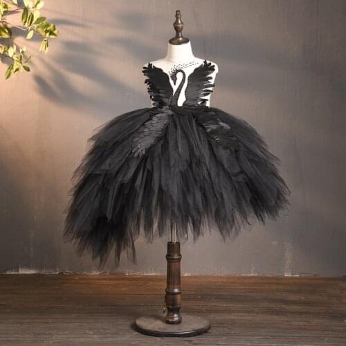Black Flower Tulle Girl Dress Swan Crystal Tulle Princess Pageant Wedding Clothes Kids Birthday Party Dress Evening Ball Gown