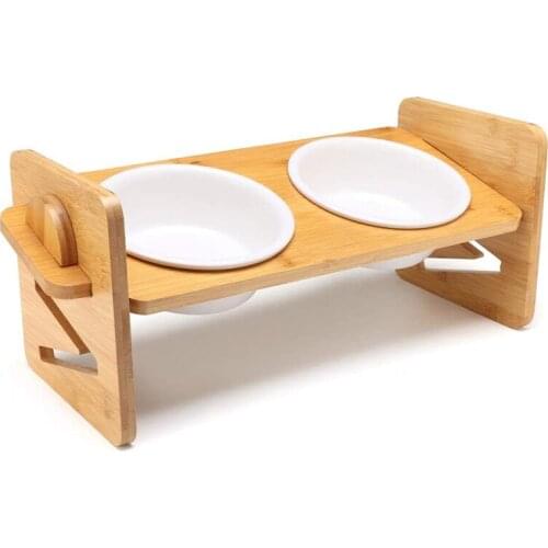 NEW Pets Double Bowls Dog Cat Food Water Feeder Ceramic Dish Bowl Bamboo Rack Cats Feeding Dishes Dogs Drink Bowl Pet Supplies