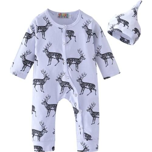 2Pcs Autumn Newborn Toddler Baby Boy Clothes Suit Deer Printing Romper Long-sleeved Infant Girl Set Jumpsuit Clothing Outfits