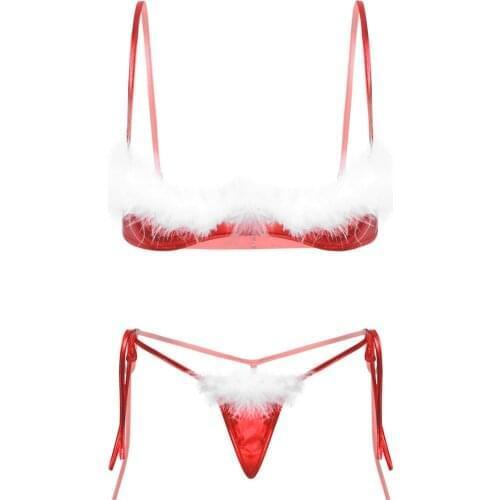 Womens Shiny Metallic Christmas Lingerie Set White Feather Trim Underwired Open Cup Bra Top Tie Side G-string Briefs Sleepwear