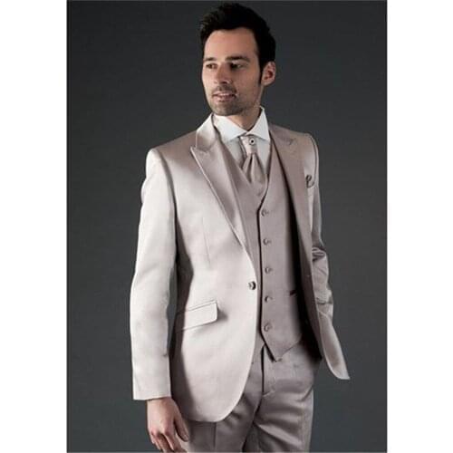 Custom Made Champagne Satin Men Suit Slim Fit Blazer Groom Tuxedos Prom/Party Mens Suits 3 Pieces(Jacket+Pant+Vest) Traje Hombre